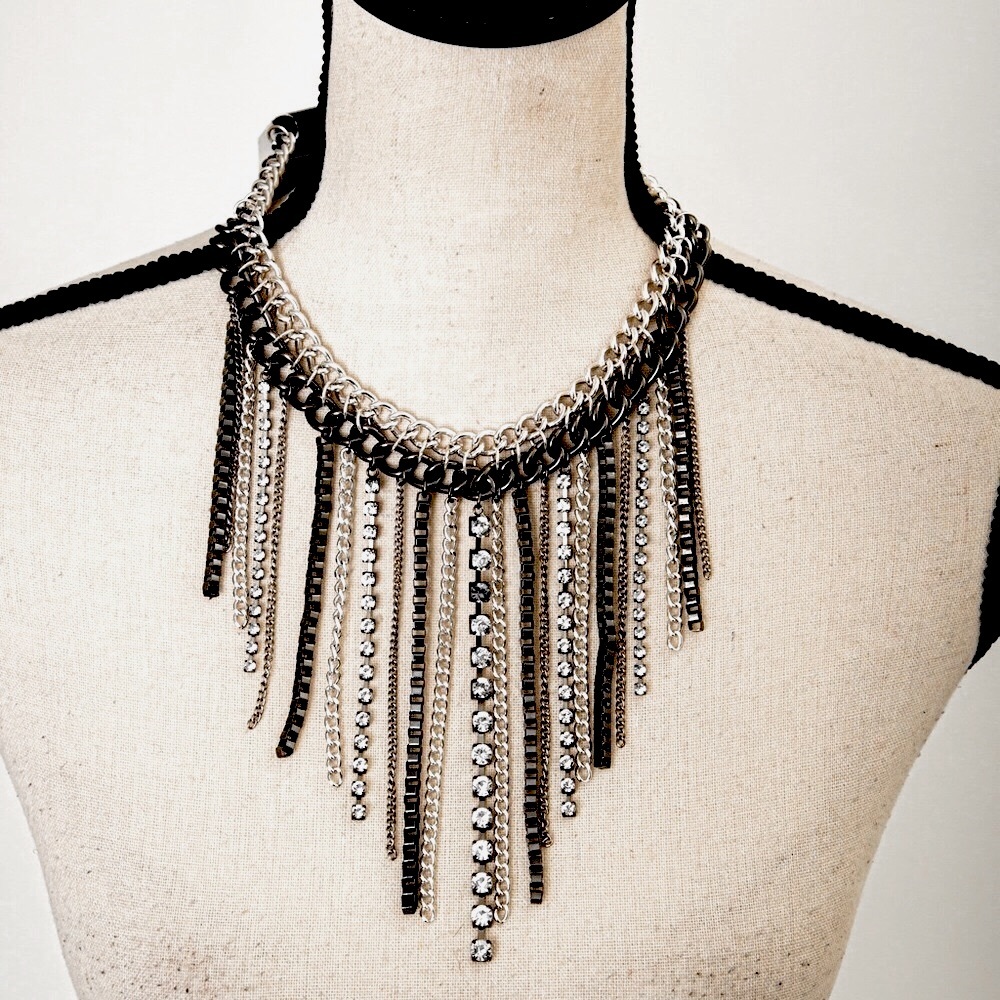 Bib style necklace rhinestone fringe gunmental silver statement choker Mixit
